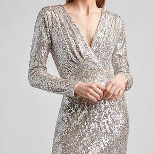 Express Sequin Wrap Front Sheath Dress - NWT XL silver